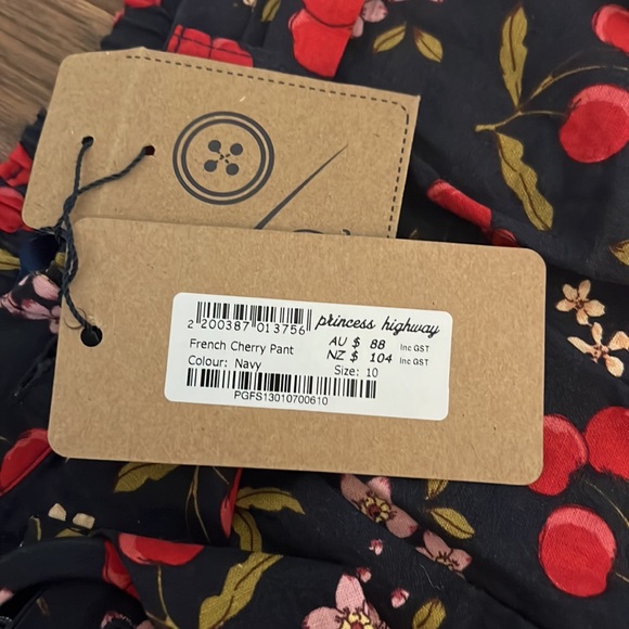 Princess Highway x Unique Vintage Navy & Cherry Print Pants, UK 10/US 6 - Picture 5 of 8